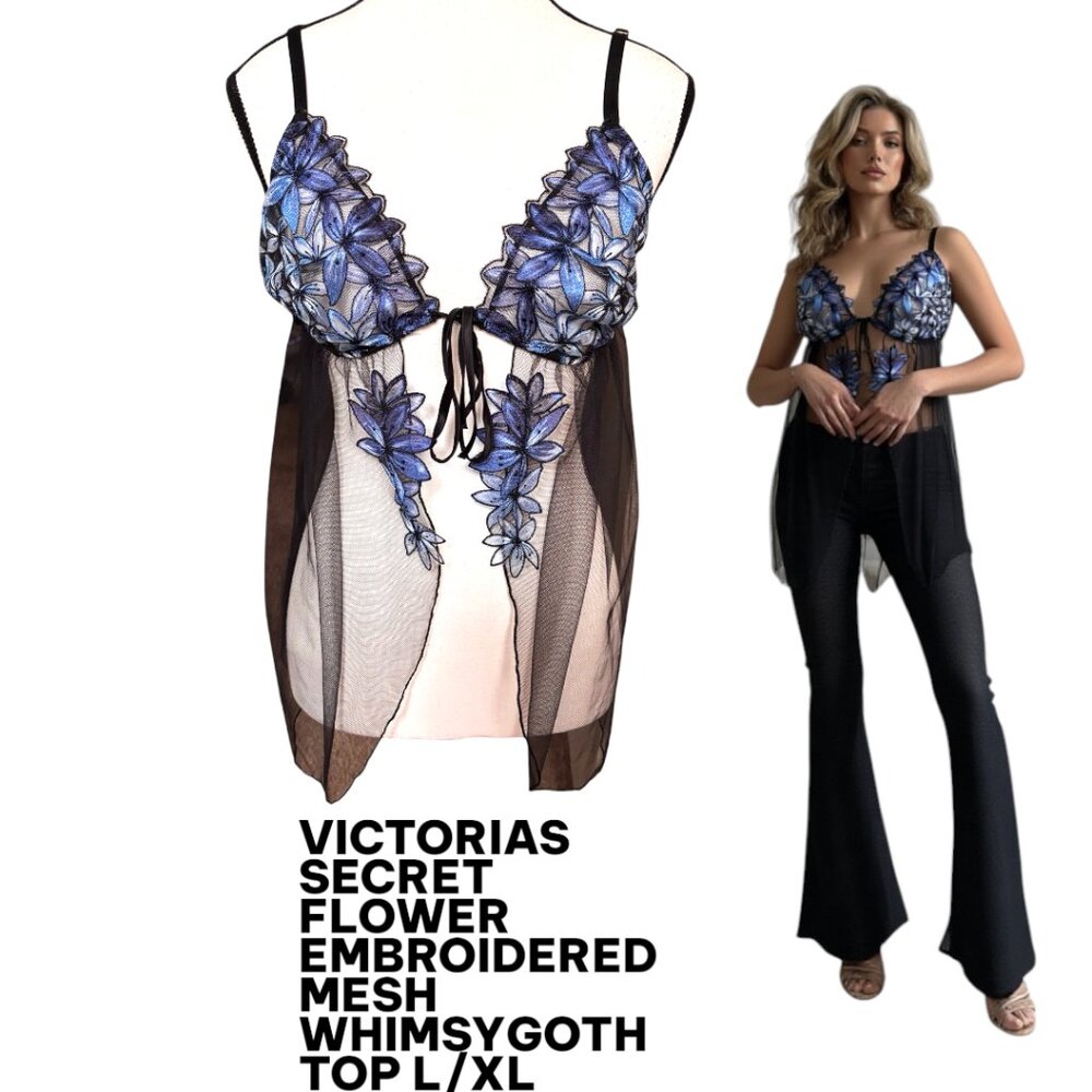 VICTORIA'S SECRET FLOWER EMBROIDERED MESH SHEER OPEN FRONT CAMI TOP L/XL